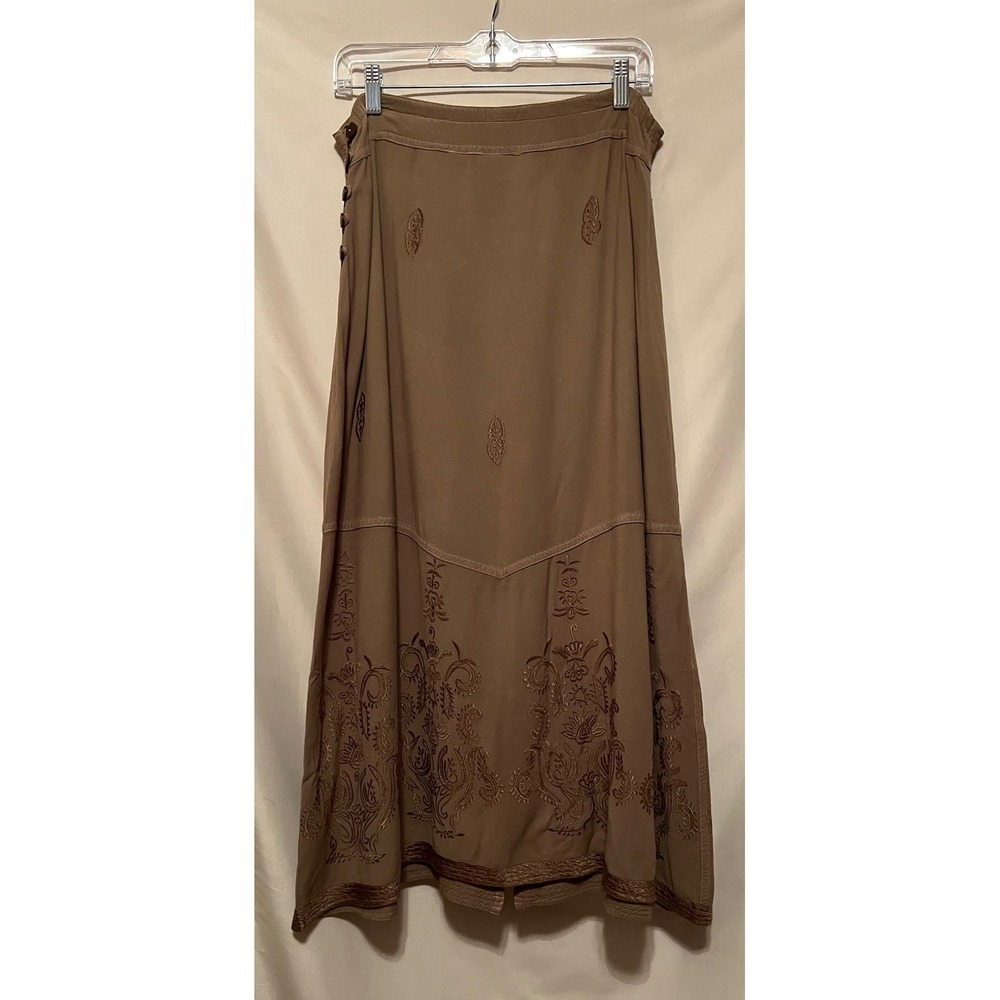 Soft Surroundings Greenish Tan Embroidered Maxi Skirt Side Button Petite Medium - Picture 3 of 7